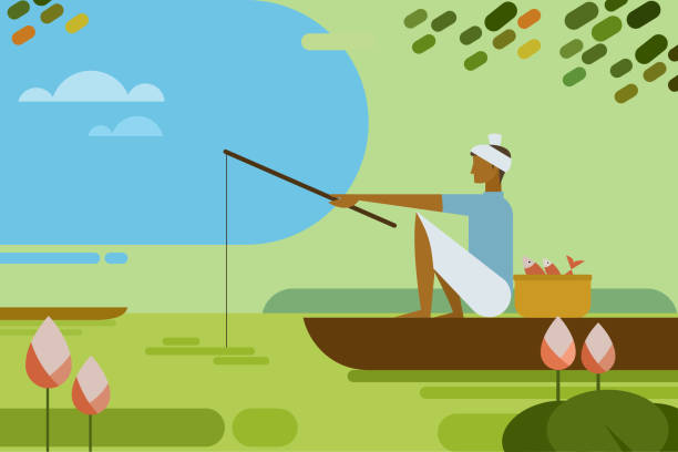 ilustraciones, imágenes clip art, dibujos animados e iconos de stock de ilustración de un hombre pescando en el agua utilizando una caña de pescar tradicional. - transportation nautical vessel floating on water sea