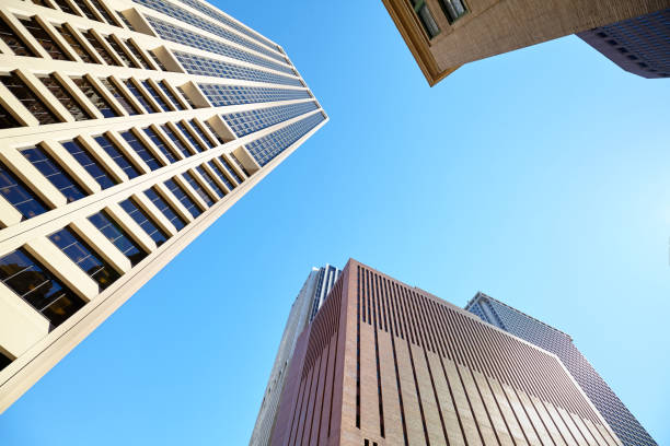 istock Looking up at skyscrapers on a sunny day, New York. 1213476160