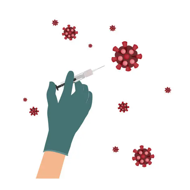 Vector illustration of Vaccine against coronavirus infection in the hands of a doctor, vector illustration. COVID-19. A staff member draws fluid into a syringe to inject the patient