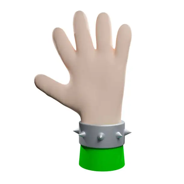 Photo of The hand shows a five-finger sign or hello, on the arm is an iron bracelet with spikes and a green garment sleeve. Isolate on white background Cartoon 3d rendering.