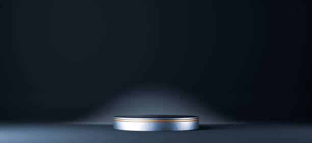 istock 3d rendering of silver pedestal on black background 1213482341