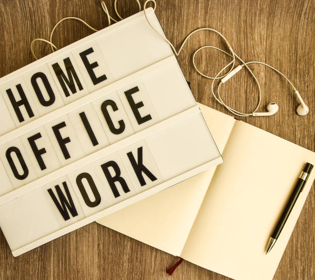 istock lightbox with text HOME OFFICE WORK with notebook pen and headphones, copy space wooden table background, quarantine and isolation HOME OFFICE 1213483685