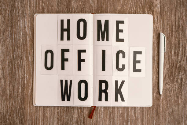 istock lightbox with text HOME OFFICE WORK with notebook pen and headphones, copy space wooden table background, quarantine and isolation HOME OFFICE 1213483694