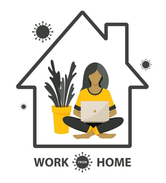 자체 격리 개념입니다. covid-19 바이러스가 발병하는 동안 집에서 일하십시오. - working at home women house computer stock illustrations
