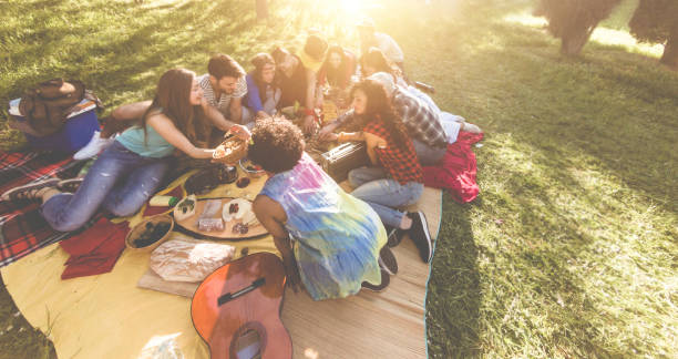 groupe d’amis faisant pic-nic dans le parc naturel extérieur - jeunes gens à la mode buvant du vin et riant ensemble à l’extérieur - focus sur la tête de fille inférieure - jeunesse, été et concept d’amitié - meeting food nature foods and drinks photos et images de collection