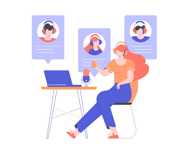 Girl in headphones at home or in the office at a desk with a laptop and a microphone. Communication with the team via video online, urgent meeting, remote work, freelance. Vector flat illustration.