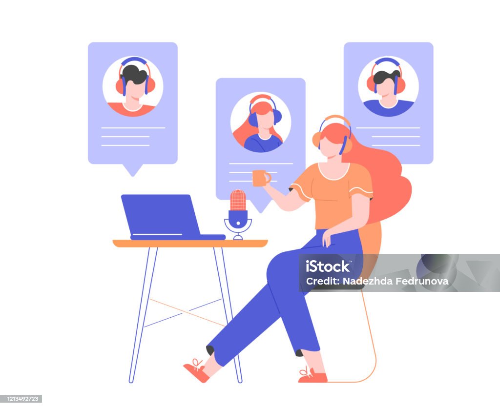 Girl in headphones at home or in the office at a desk with a laptop and a microphone. Girl in headphones at home or in the office at a desk with a laptop and a microphone. Communication with the team via video online, urgent meeting, remote work, freelance. Vector flat illustration. Illustration stock vector