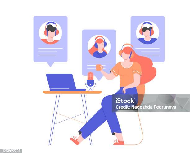 Girl In Headphones At Home Or In The Office At A Desk With A Laptop And A Microphone Stock Illustration - Download Image Now