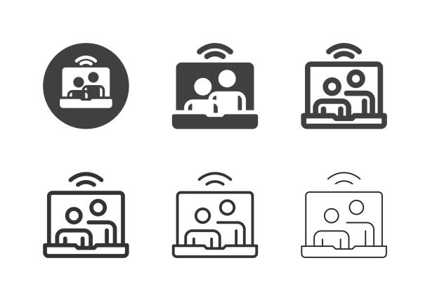 ilustraciones, imágenes clip art, dibujos animados e iconos de stock de videoconferencia sobre iconos de portátiles - serie múltiple - interés humano