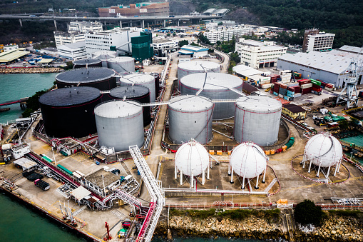 Aerial View of a Oil Refinery and Fuel Storage, Hong Kong, China