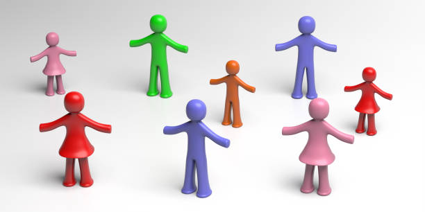 Social distancing, social isolation cocept, Children adults in distance, white background. Coronavirus spread prevention, people keep distance sign. 3d illustration