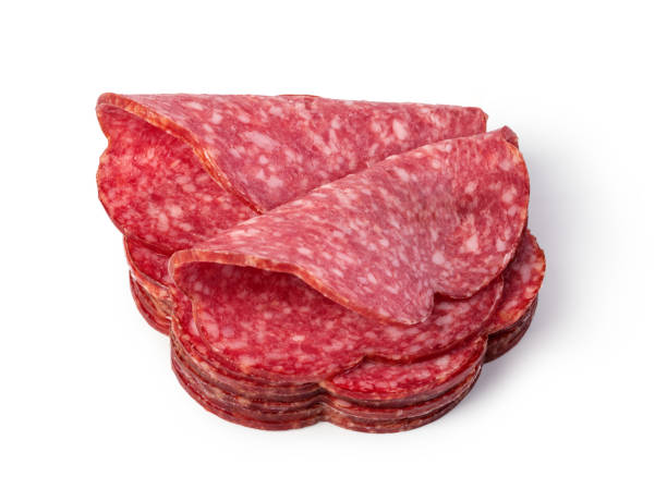 istock Slices of salami on a white background. 1213495627