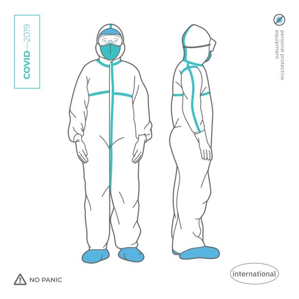 lekarz, pielęgniarka, mężczyzna w kombinezonie ochronnym całego ciała. środki ochrony indywidualnej przed wirusami i pestycydami. powieść coronavirus 2019. 2019-ncov. covid-19. - protective suit obrazy stock illustrations