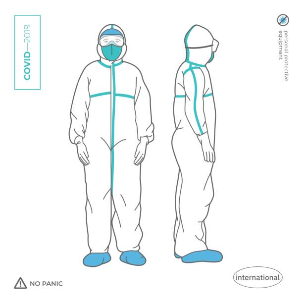 Doctor, nurse, a man in a full body protective suit. Personal protective equipment against viruses and pesticides. 2019 Novel Coronavirus. 2019-nCoV. Covid-19. Doctor, nurse, a man in a full-body protective suit. Personal protective equipment against viruses and pesticides. 2019 Novel Coronavirus. 2019-nCoV. Covid-19. jumpsuit stock illustrations
