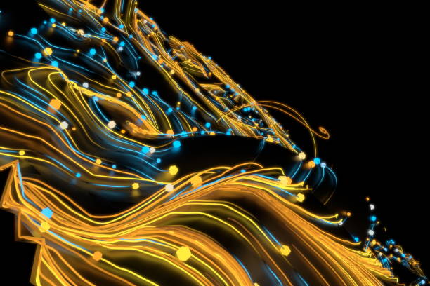 istock Neon glowing twisted cosmic lines on the glossy surface. Turbulence curls flow colorful motion. Fluid and smooth astronomy vortex swirl structure. 3d rendering Abstract creative modern background 1213496973