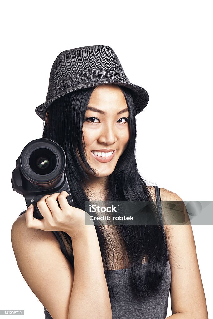 Junge asiatische Mädchen posieren mit einer Kamera - Lizenzfrei Junge Frauen Stock-Foto