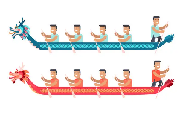 Vector illustration of Asian Men in Long Boats in Shape of Dragon Set