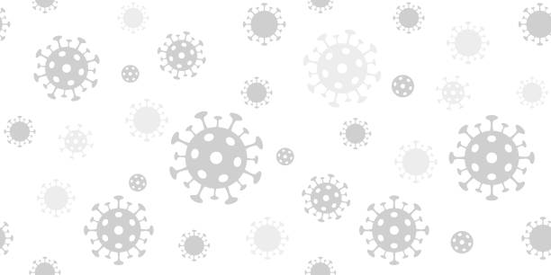 ilustraciones, imágenes clip art, dibujos animados e iconos de stock de fondo coronavirus. patrón vectorial sin costuras con signo de virus covid-19. telón de fondo largo gris claro para banners - virus