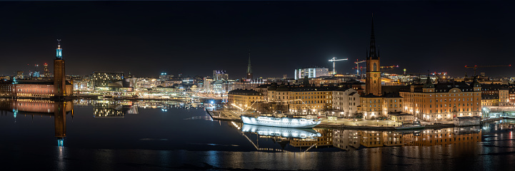 Panoramic Image of Stromsborg and Stockholm City Hall at night.