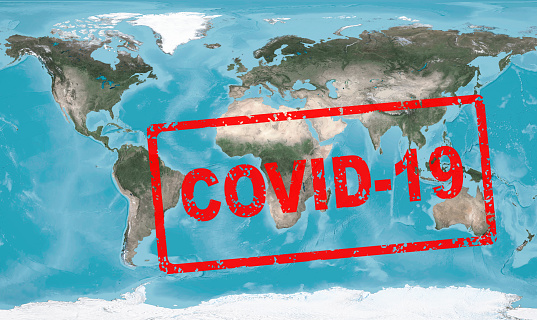 Coronavirus epidemic, stamp COVID-19 on global map. Novel coronavirus outbreak in China, the spread of corona virus in the World. COVID-19 pandemic concept. Elements of this image furnished by NASA: https://visibleearth.nasa.gov/images/73776/august-blue-marble-next-generation-w-topography-and-bathymetry