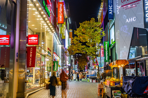 This pic shows  Myeong-Dong ares  in Seoul, South Korea. The location is the premiere district for shopping in the city. Local people walking in the area for shopping can be seen in the pic with sign board of shops.\nThe pic is taken in november 2019.