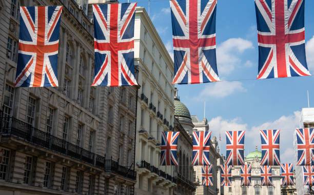 istock Row of British Flags in London 1213510617