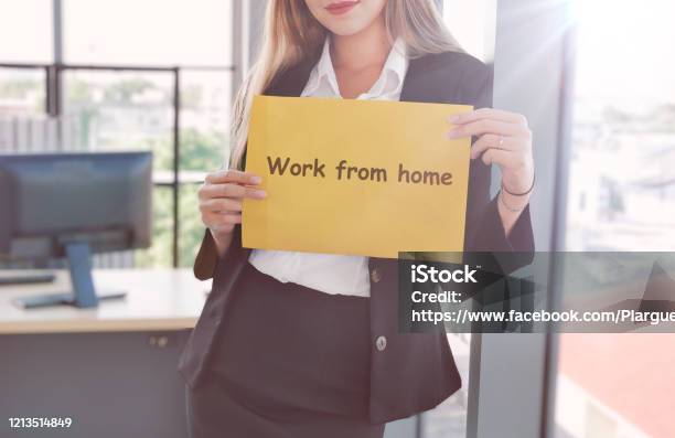 Business Women Holding Sheet Of Paper With Text Work From Home For Protect Virus And Take Care Of Their Health From Covid19 Working At Home Concept With Flare Effect Stock Photo - Download Image Now