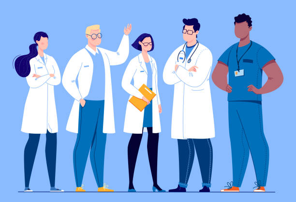 The concept of the medical team. Team of doctors in cartoon style. The concept of the medical team. Vector illustration. nurse stock illustrations