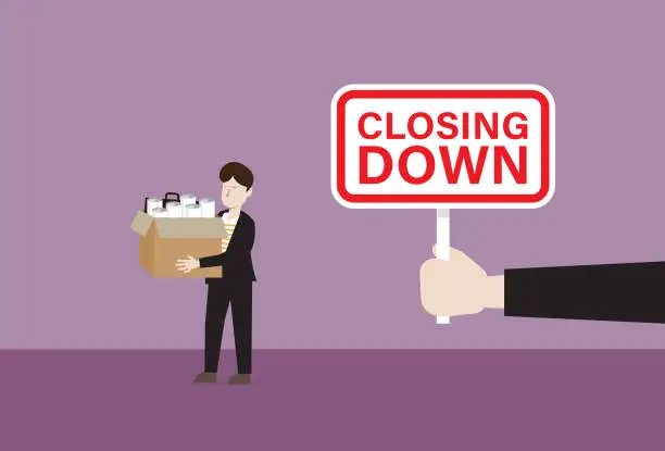 Vector illustration of The manager shows a closing down sign to a businessman