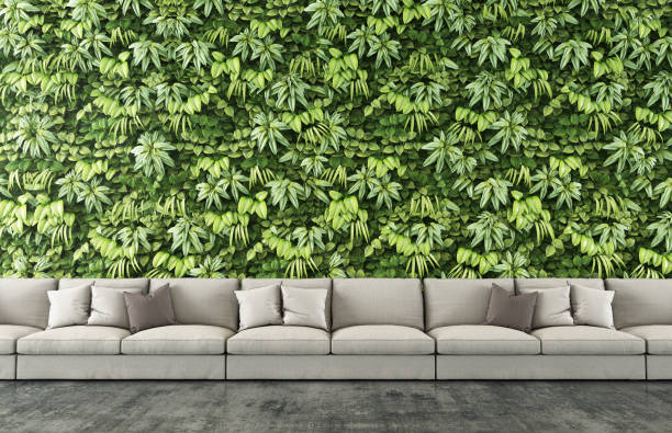 istock Long sofa With vertical garden background inside the hotel . 3D illustration 1213517188