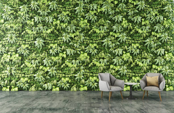 istock Couple armchairs and table With vertical garden background inside the hotel . 3D illustration 1213517193