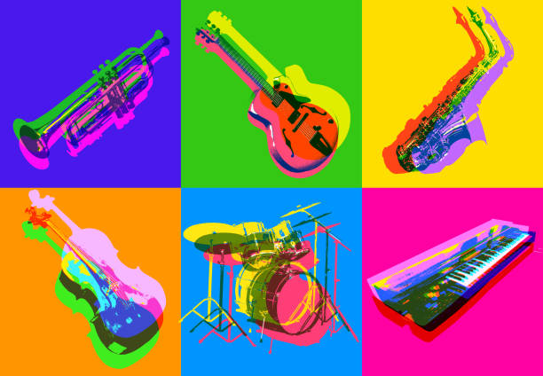 Jazz Musical Instrument icons Posterised or Pop Art styled Jazz musical instruments electric piano stock illustrations