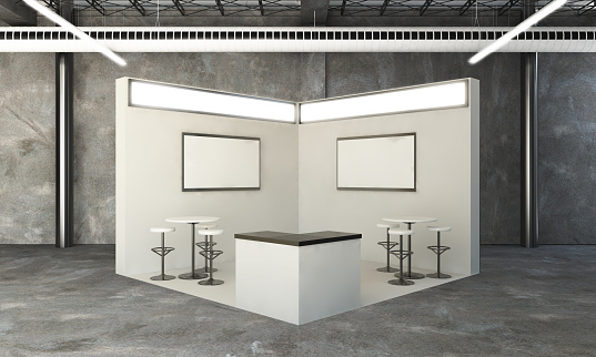 exhibition booth on industrial space 3d rendering