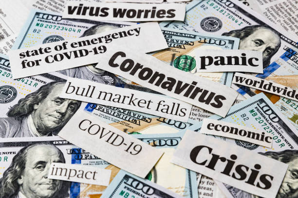 coronavirus, covid-19 news headlines on united states of america 100 dollar bills. concept of financial impact, stock market decline and crash due to worldwide pandemic - newspaper headline unemployment finance recession imagens e fotografias de stock