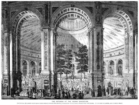 The Rotunda, an iconic and central building at the World’s Fair in Vienna in 1873. This large circular structure was erected in the Prater Park and was designed by John Scott Russell with the motto “Culture and Education” (“Kultur und Erziehung”): it was destroyed in a fire in 1937. From “The Cottager and Artisan, 1873”, published by The Religious Tract Society, London.