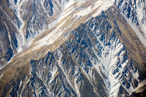 Detail of a mountain as seen from the air in New Zealand’s Southern Alps near Mount Earnslaw.