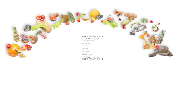 istock Fruits, vegetables and fish on a white background. 1213527226