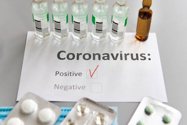 istock Coronavirus test with positive result mark, pills, ampoules 1213527487