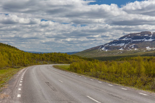 istock straight and lonely road between swedish mountains under cloudy sky, selective focus, Swedish mountains border with norway. snow peaks 1213529319