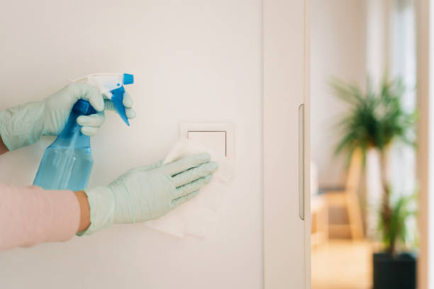 Woman cleaning a light switch with a disinfection spray Woman in disposable gloves cleaning a light switch with a wet wipe light switch photos stock pictures, royalty-free photos & images