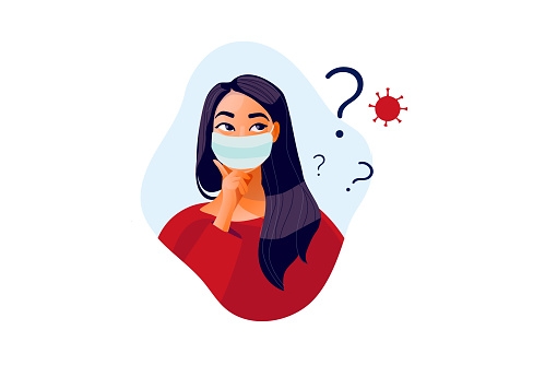 2019-ncov quarantine. Sad woman in protective mask . Thinking girl. Doubts, problems, thoughts, emotions. Curious woman questioning, question mark. Vector illustration. Coronavirus panic.