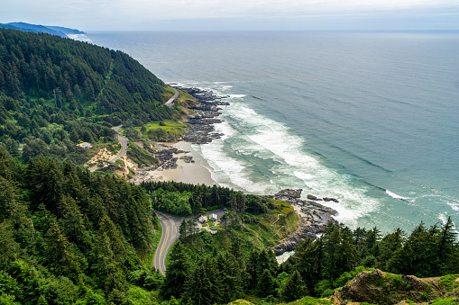 Cape Perpetua Scenic Overlook. Aerial view of the Cape Perpetua coastline from the Devils Churn to the Cooks Chasm, Yachats, Oregon coast, USA.