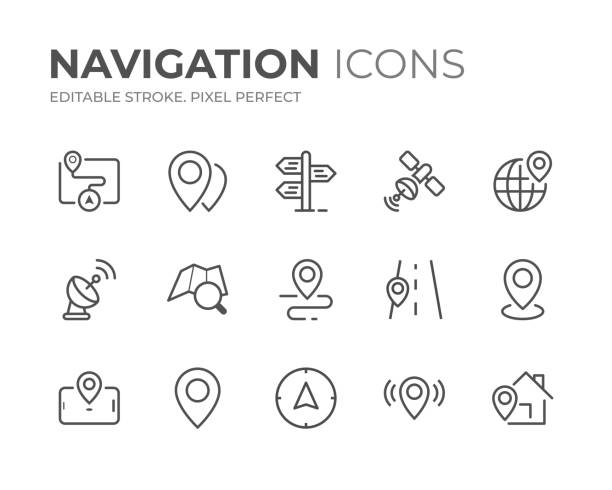 Navigation Line Icons Set Simple Set of Navigation Line Icons. Editable Stroke. Pixel Perfect. map pin icon illustrations stock illustrations
