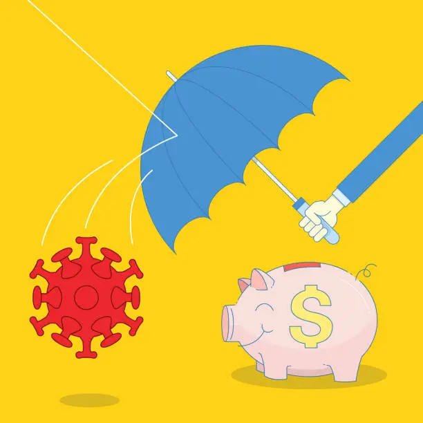 Vector illustration of The businessman held an umbrella to protect his piggy bank from the COVID-19. Saving money concept stock illustration.