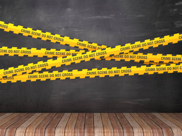 istock Cordon Tapes with CRIME SCENE DO NOT CROSS Phrase on Chalkboard Background - 3D Rendering 1213538511