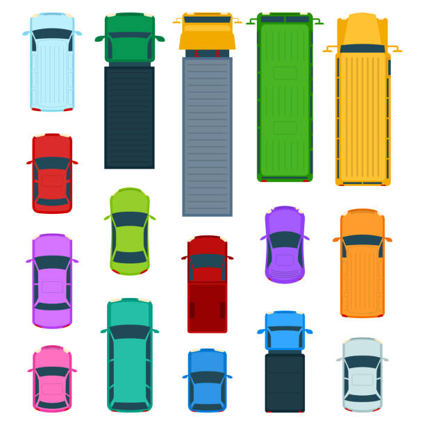cartoon color cars zestaw ikon widoku z góry. wektor - powyżej stock illustrations