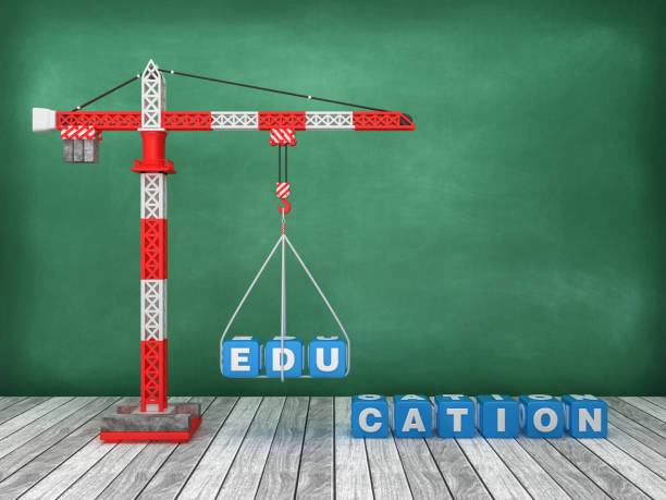 istock Tower Crane with EDUCATION Word on Chalkboard Background - 3D Rendering 1213539420