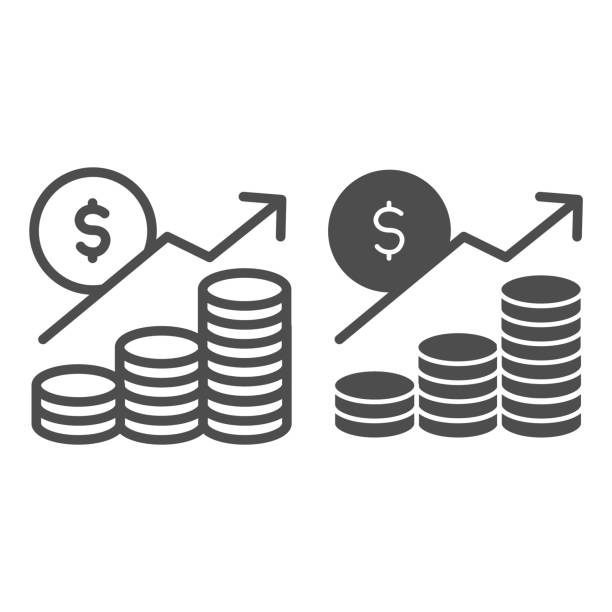 ilustrações de stock, clip art, desenhos animados e ícones de money profit analytics line and solid icon. growth chart arrow, coins and dollar symbol, outline style pictogram on white background. business sign for mobile concept and web design. vector graphics. - stack currency coin symbol