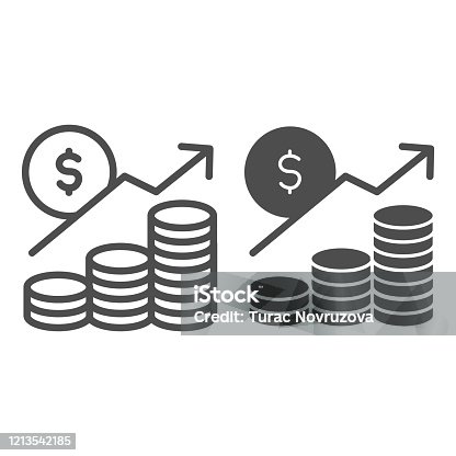 istock Money profit analytics line and solid icon. Growth chart arrow, coins and dollar symbol, outline style pictogram on white background. Business sign for mobile concept and web design. Vector graphics. 1213542185