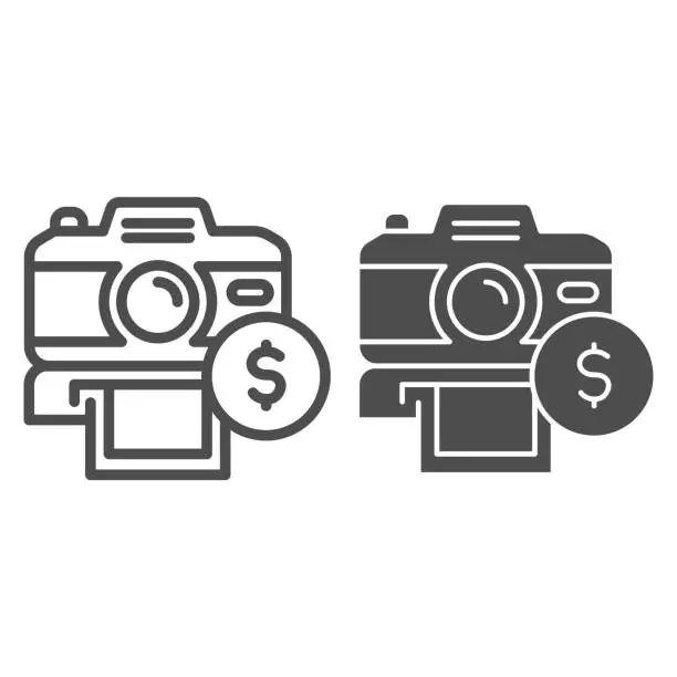 Vector illustration of Selling photos on stock line and solid icon. Photocamera and dollar coin symbol, outline style pictogram on white background. Passive income sign for mobile concept and web design. Vector graphics.